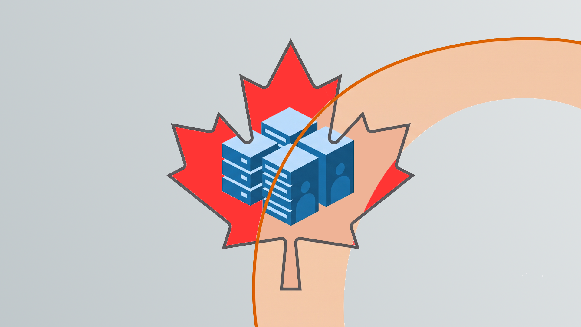 Illustration of Canadian data servers over a red maple leaf with an orange boundary line curving away, representing data sovereignty