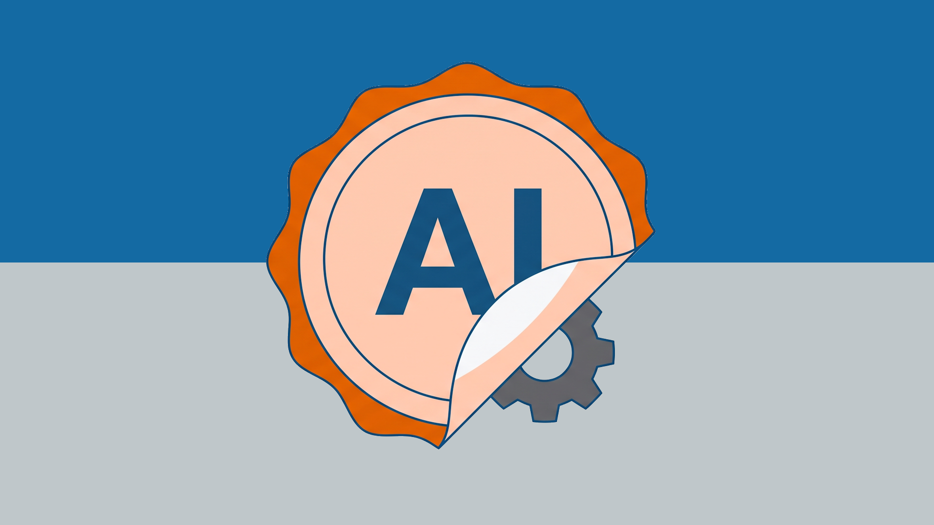 Illustration of an AI seal badge peeling back to reveal a plain grey gear underneath, representing AI washing