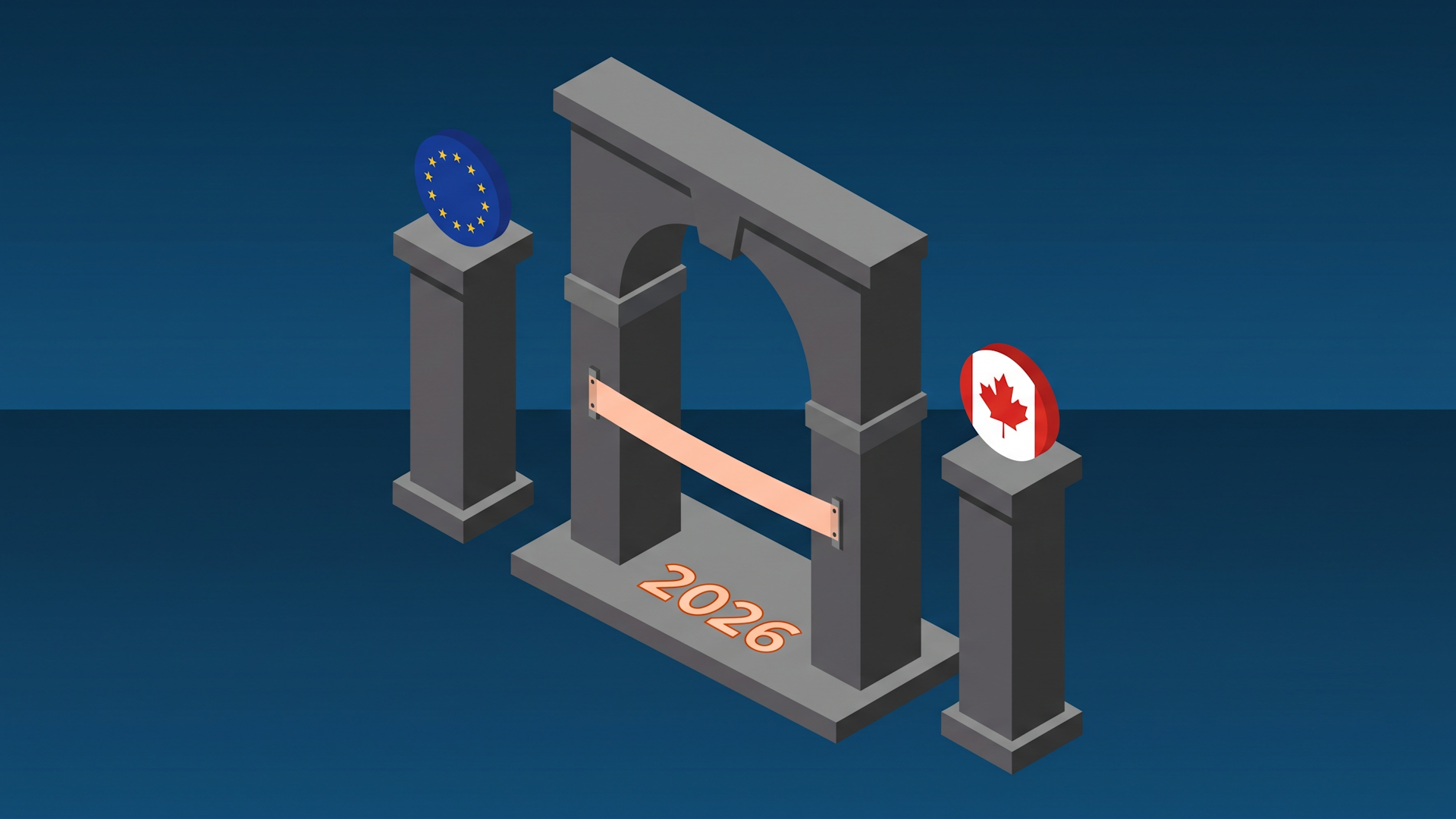 Isometric stone archway flanked by EU and Canadian flag medallions with the year 2026, representing AI regulation