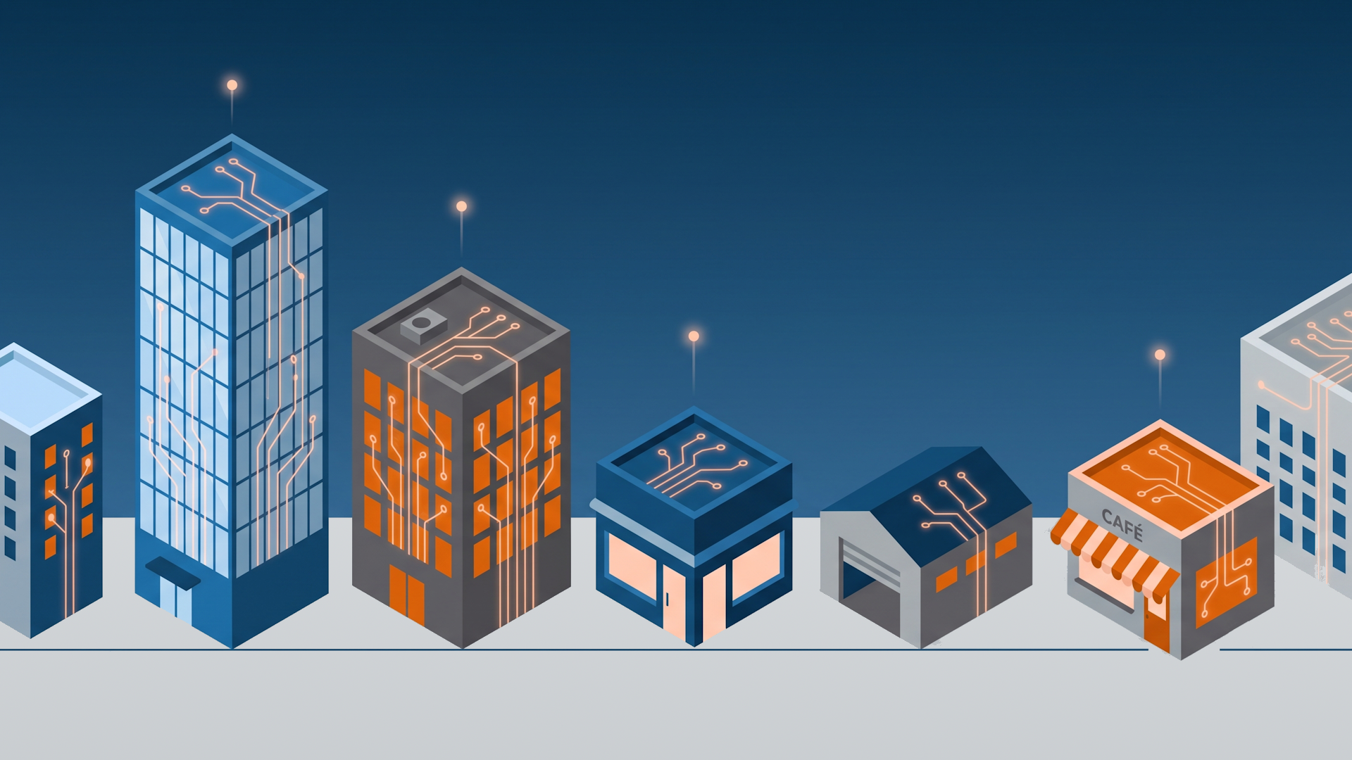 Isometric night skyline of businesses of every size wired with glowing orange AI circuitry