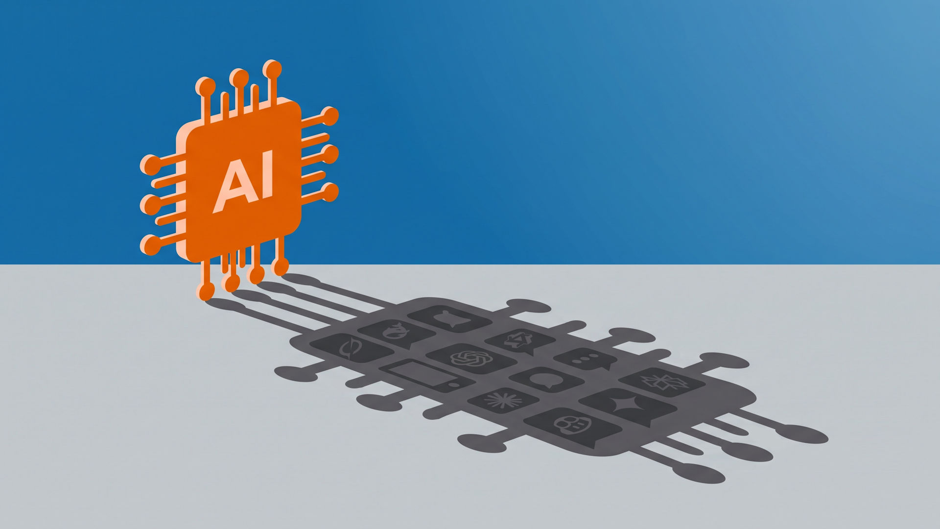 Illustration of an AI chip casting a long shadow made of many app icons, representing hidden AI tool use